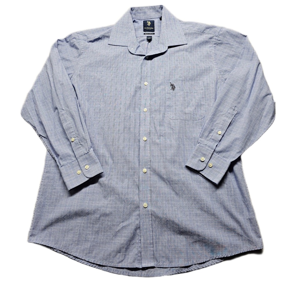 U.S. Polo Assn. Dress Shirt Mens L Blue Plaid Long Sleeve Regular Fit Button Up